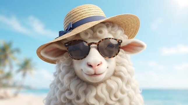 Cute fluffy sheep wearing straw hat and sunglasses