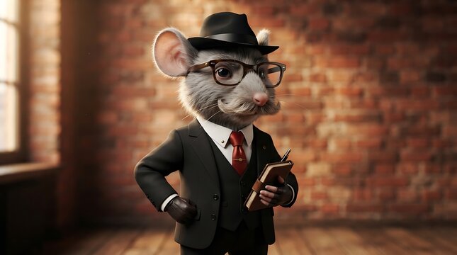Dressed rat wearing fedora hat and glasses
