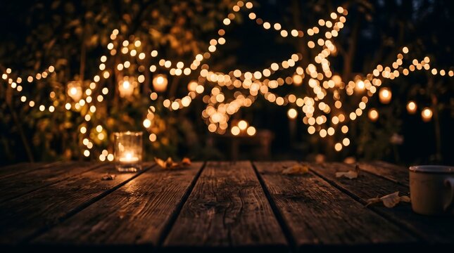 Empty rustic wooden table with glowing string lights and bokeh background for holiday party or product display