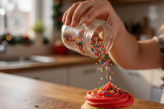 Decorating Christmas cupcakes as a young child sprinkles colorful toppings onto a vibrant red frosted treat on a warm wooden counter.