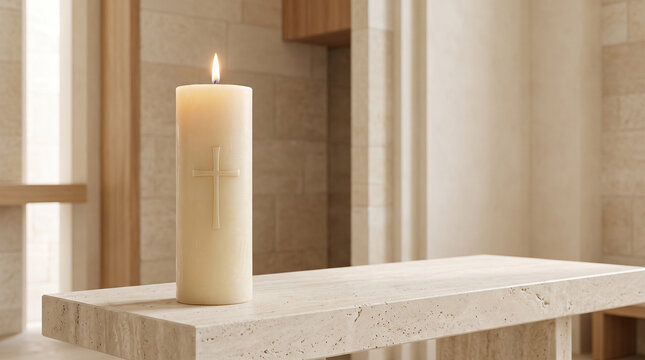Lit Easter Candle with Cross on Altar in Church