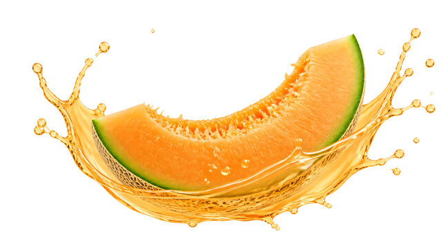 Cantaloupe melon with juice splash isolated on transparent background