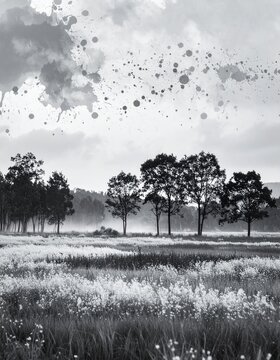 a field with trees and flowers in the fore