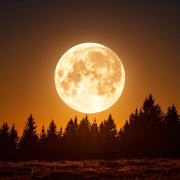 a full moon is seen over the trees