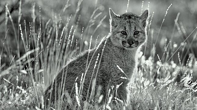 A puma kitten gazes intently from tall grass in evocative monochrome portrait.