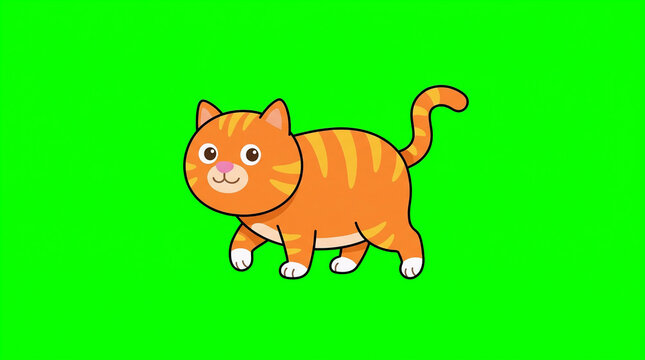 2D Flat Cute Cartoon Orange Cat Walking Illustration for Kids Book on Green Screen