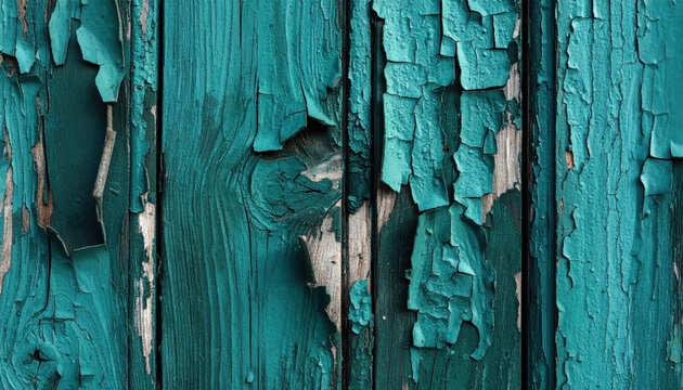 Turquoise peeling paint on weathered wooden boards creates distressed rustic texture with layered surfaces and dramatic natural decay details