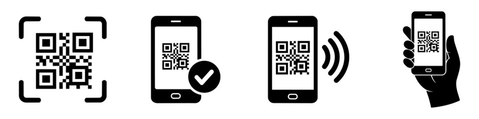 Qr code scanning with smartphone icons in various styles showing verification, wireless signal, and hand-held mobile phone symbols for contactless access, digital interaction, and interface design © PrimeVisuals