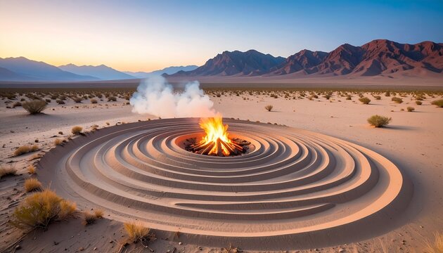 a large circular fire pit in the middle of a desert