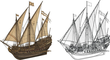 Vintage sailing ship illustration detailed historical galleon with sails and flags perfect for maritime history or adventure concepts © Naveed