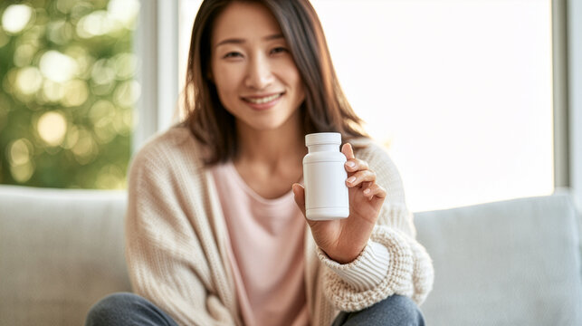 Asian woman sitting in a bright Scandinavian home, holding a premium matte white supplement bottle
