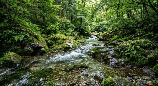 苔むした岩と透明な渓流 - 緑豊かな森を流れる清流、水中の小石と濡れた岩肌