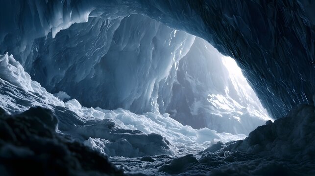 A luminous ice cave with textured walls and a bright opening revealing snowy peaks beyond