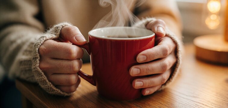 Hands cradling a warm red mug, steam rising, suggesting a cozy Christmas holiday moment on a wooden surface.