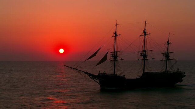 Tall Sailing Ship Silhouetted on Calm Sea Beneath Glowing Orange Sunset Sky