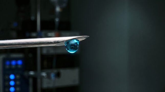 Glowing blue vaccine drop falling from syringe needle macro copy space