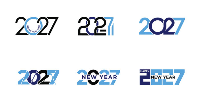 Set of six blue typography logos for 2027 happy new year celebration header banner vector design