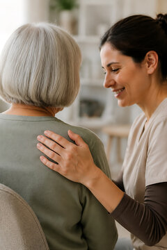 Caregiver gently touches elderly woman s shoulder in supportive home healthcare scene