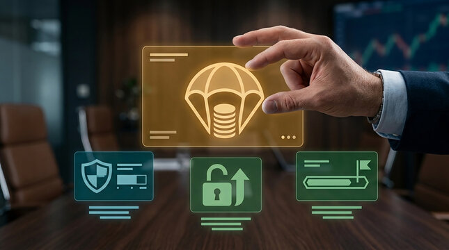 Businessman hand holding digital airdrop icon with coins and parachute over blurred office background, cryptocurrency investment and blockchain concept.