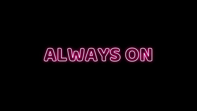 Clean "ALWAYS ON" bold text animation with underline isolated on a black background, ideal for technology, non-stop connection, and server up-time video clips.