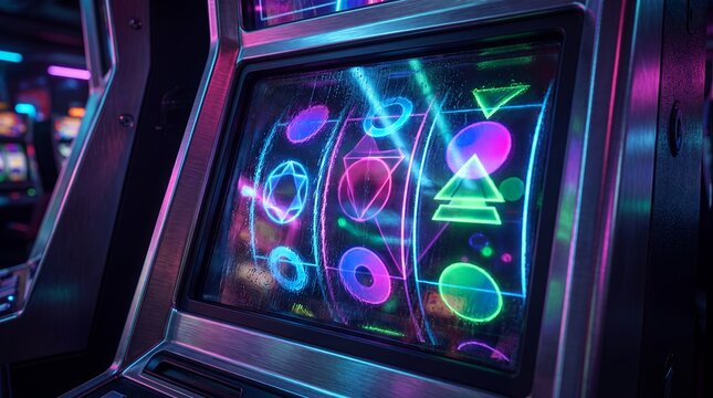 Slot machine casino gambling neon interface jackpot gaming symbols colorful. A neon slot machine screen displays bright geometric gaming symbols for commercial advertising entertainment campaigns
