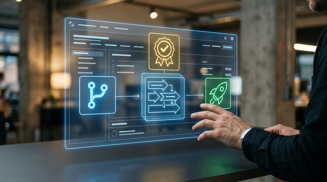 Developer Interacting with Futuristic Holographic Interface for Software DevOps Workflow Management and Automation in a Modern Office Environment