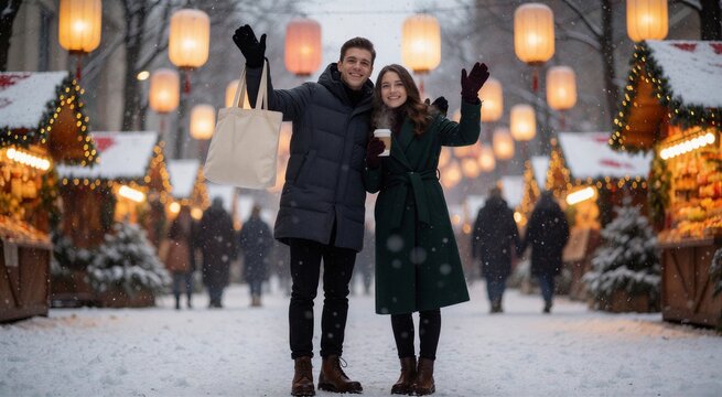 Couple enjoying a snowy Christmas market walk, smiling and waving amidst falling snowflakes with festive market lights in the background.