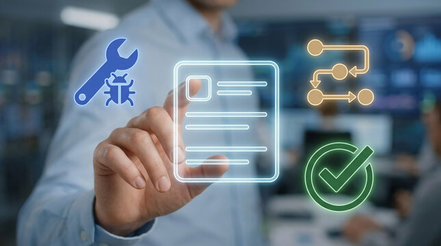 Software Development Life Cycle Concept with Businessman Interacting with Digital Icons for Bug Fixing Workflow and IT Project Management Quality