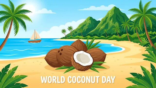 Tropical Beach Scene With Coconuts For A World Coconut Day Celebration