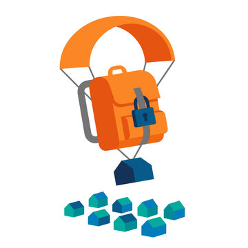 Orange Backpack with Parachute and Padlock Delivering House to Residential Area
