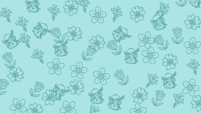 Seamless pattern background featuring cute hand drawn flowers and small birds in light blue.