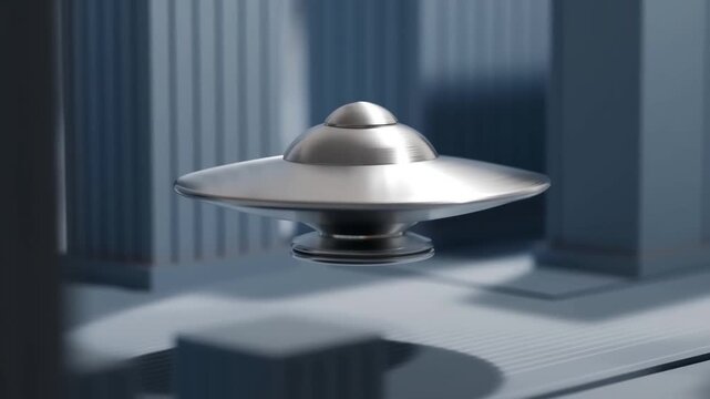 Silver flying saucer hovering above a futuristic platform in a modern interior