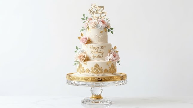 Elegant 30th birthday cake for Amelia, three-tier floral celebration cake with gold lace, luxury white cream cake on glass stand