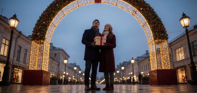 Couple gazing up at a towering, illuminated Christmas lights arch on a wet city street during twilight.