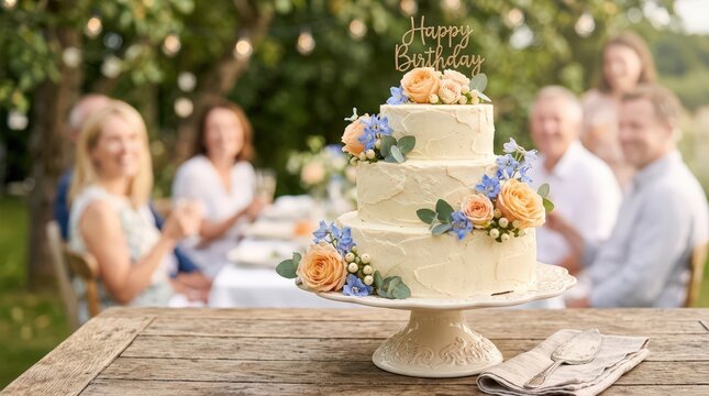 Elegant tiered birthday cake with floral decor, rustic garden party celebration, white frosted cake with Happy Birthday topper