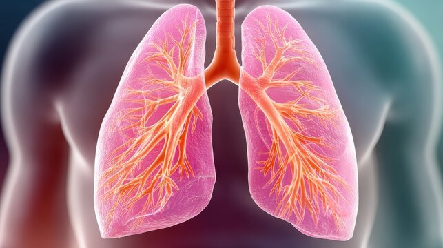 A 3D medical illustration showing human lungs with visible bronchial tubes and airways inside a transparent torso silhouette.
