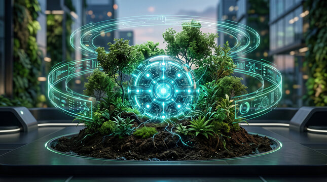 Smart city green technology concept showing a glowing cybernetic core embedded in soil and plants with digital data rings in a modern urban lab