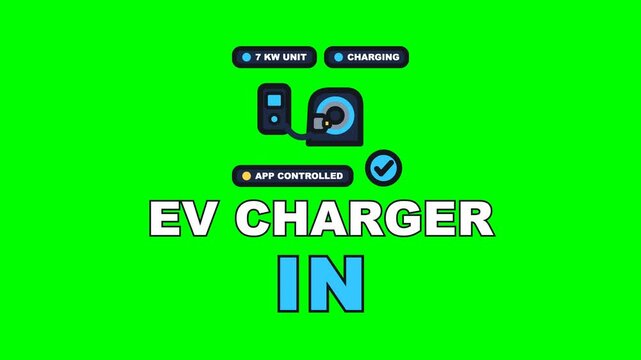 4K green screen EV CHARGER IN animated text - the lead coming off the unit and the ring running round to full, kinetic typography solar and EV overlay for installer content, chroma key