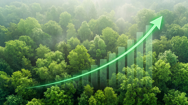 Carbon credit market growth and environmental sustainability success concept with a transparent upward arrow graph over a vibrant green forest