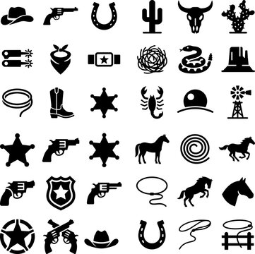 Wild west cowboy and desert icon set silhouette