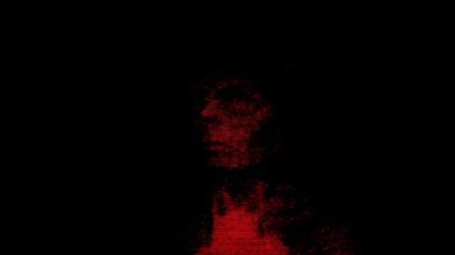 Horned demon figure flickers into a red scanline silhouette against black background