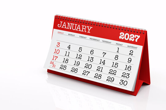 Red Spiral Desktop Calendar Showing January 2027 Month