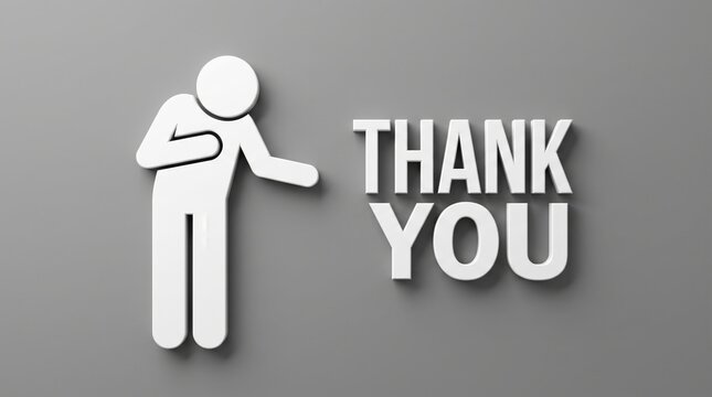 White stick figure bowing with thank you text on gray background symbolizing gratitude and appreciation