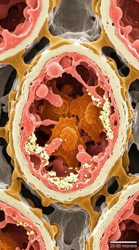 Scanning electron micrograph of pulmonary capillary blockage from pill fillers, demonstrating foreign talc particulate matter trapped inside human lung alveolar tissue, causing inflammation.