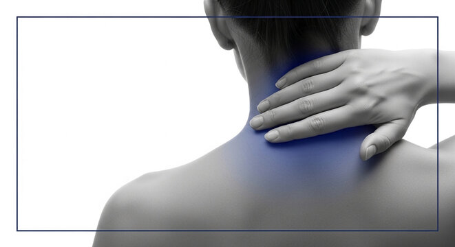 Close-up of a person's neck and shoulder with blue highlighting pain, symbolizing discomfort, health issue, and injury