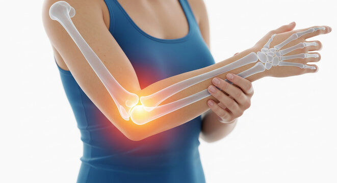 Human arm with glowing elbow and visible bones, representing pain or injury, medical concept