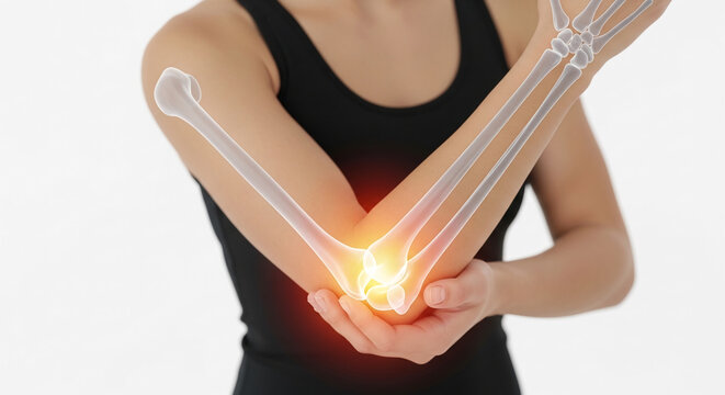 A human arm displaying a glowing, translucent bone structure of the elbow joint, indicating pain or inflammation. Representative of medical science and anatomy.