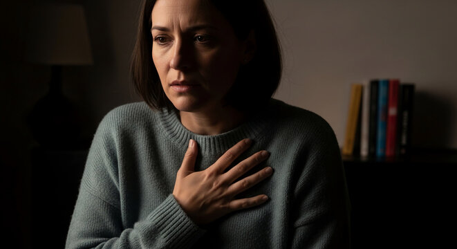 Woman with hand on chest, looking distressed with furrowed brow, representing anxiety or concern, symbolizing emotional struggle and mental health issues.