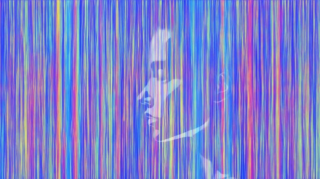 Human Profile Portrait Obscured by Colorful Glitch Lines on Abstract Background
