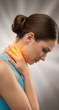 Young woman suffering from severe neck pain holding her aching nape with glowing inflammation, healthcare concept